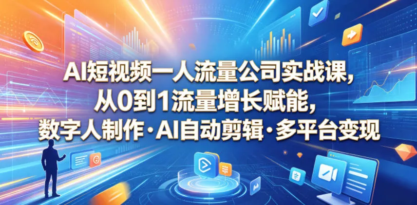 AI短视频一人流量公司实战课，从0到1流量增长赋能，数字人制作・AI自动剪辑・多平台变现，一人做流量生意全落地教程-续财库