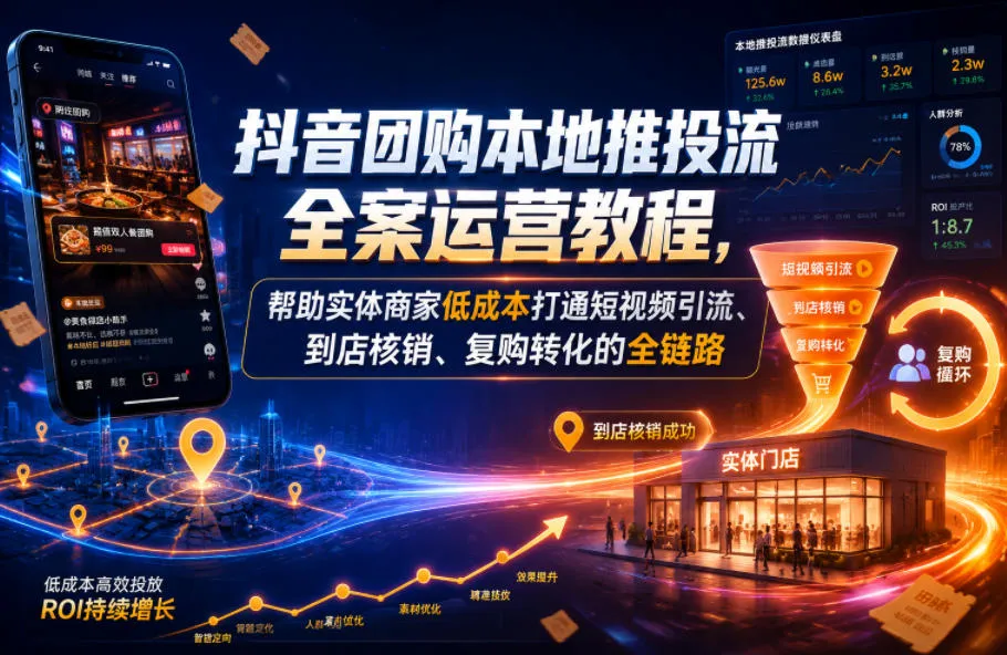 抖音团购本地推投流全案运营教程,帮助实体商家低成本打通短视频引流、到店核销、复购转化的全链路-续财库