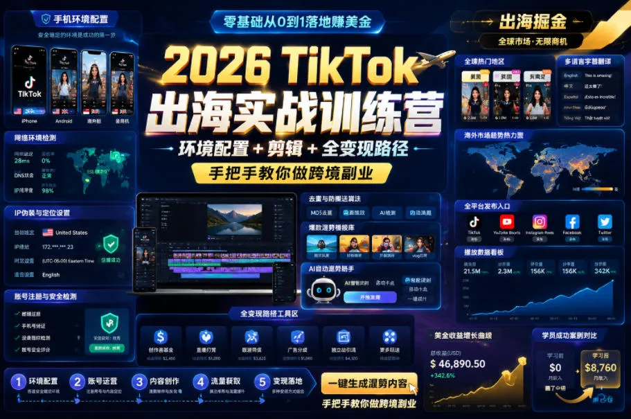 2026 TikTok出海实战训练营，环境配置 + 剪辑 + 全变现路径，手把手教你做跨境副业-续财库