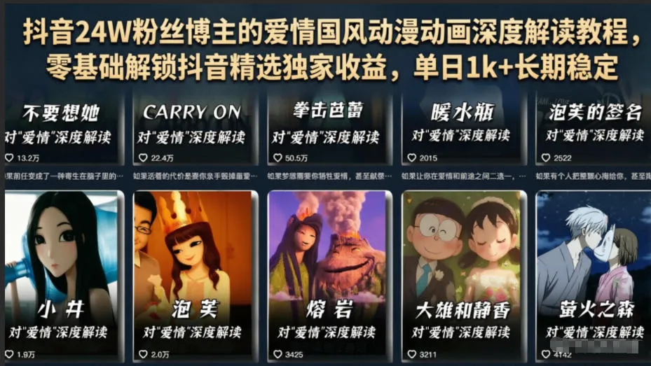抖音24W粉丝博主的爱情国风动漫动画深度解读教程,零基础解锁抖音精选独家收益,单日1k+长期稳定-续财库