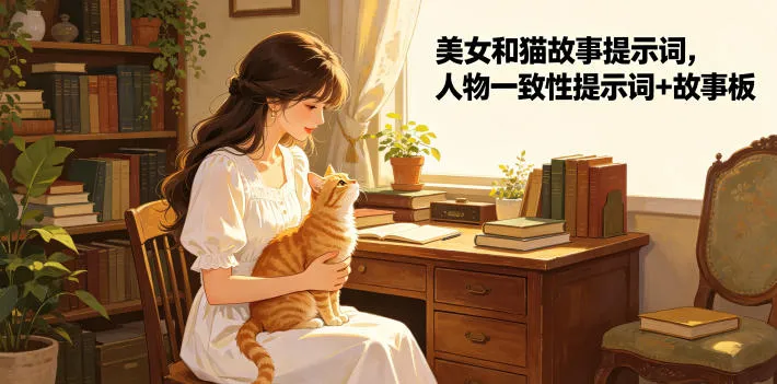 美女和猫故事提示词，人物一致性提示词+故事板-续财库