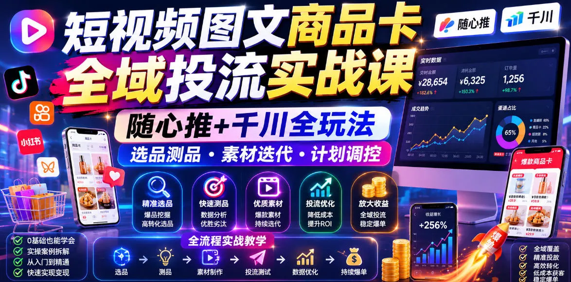 短视频图文商品卡全域投流实战课，随心推+千川全玩法，选品测品・素材迭代・计划调控，提升ROI爆单增收教程-续财库
