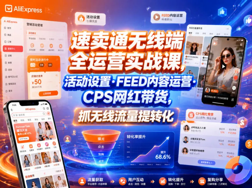 速卖通无线端全运营实战课，活动设置・FEED内容运营・CPS网红带货，抓无线流量提转化-续财库