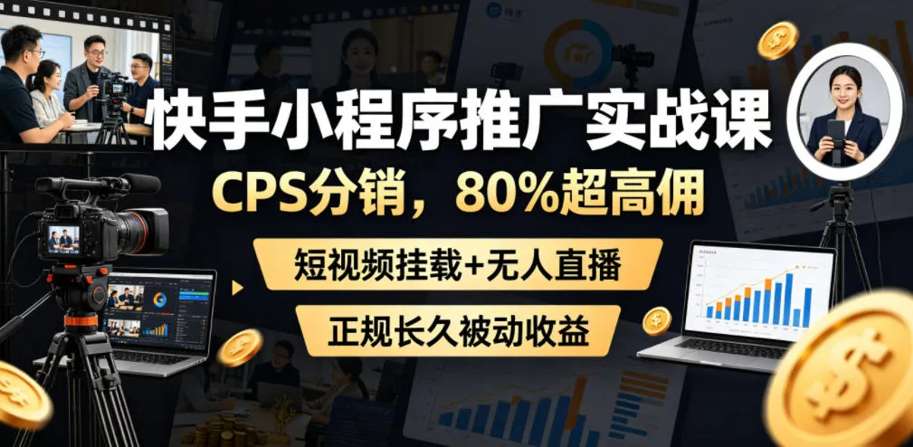 快手小程序推广实战课，CPS分销，80%超高佣，短视频挂载+无人直播，正规长久被动收益-续财库