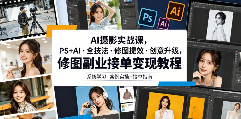 AI摄影实战课，PS+AI・全技法・修图提效・创意升级，修图副业接单变现教程-续财库