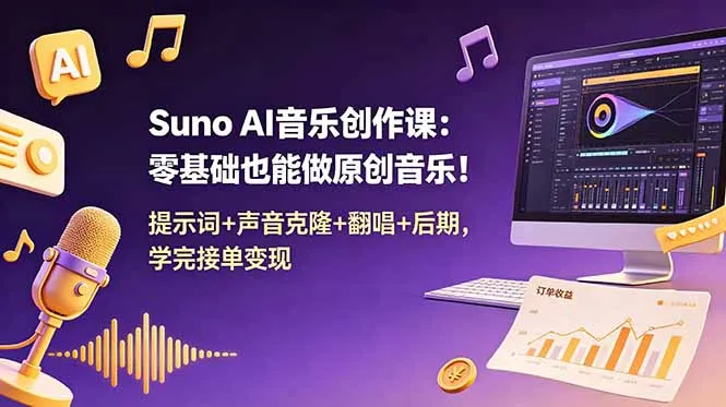 Suno AI音乐创作课：零基础也能做原创音乐！提示词+声音克隆+翻唱+后期，学完接单变现-续财库