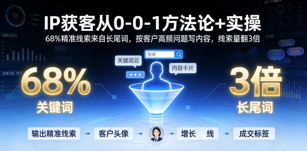 IP获客从0-1方法论+实操，68%精准线索来自长尾词，按客户高频问题写内容，线索量翻3倍-续财库
