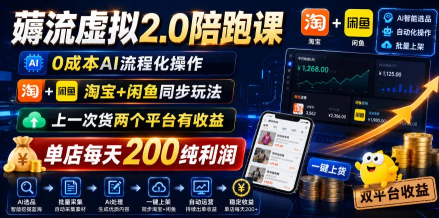 薅流虚拟2.0陪跑课，0成本AI流程化操作，淘宝+闲鱼同步玩法，上一次货两个平台有收益，单店每天200纯利润-续财库