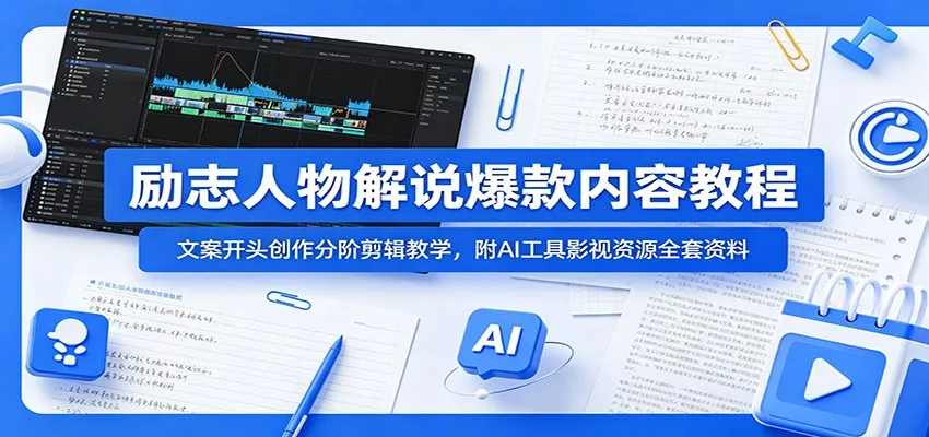 励志人物解说爆款内容教程：文案开头创作分阶剪辑教学，附AI 工具影视资源全套资料-续财库