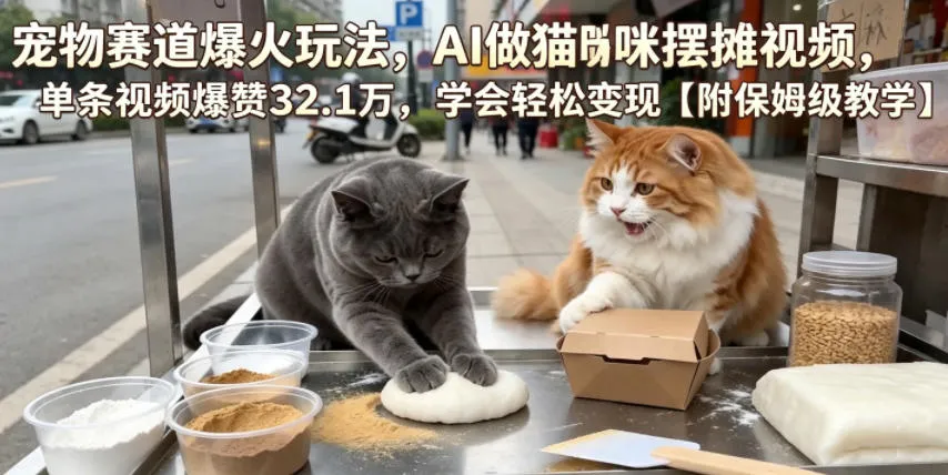 宠物赛道爆火玩法，AI做猫咪摆摊视频，单条视频爆赞32.1万，学会轻松变现【附保姆级教学】-续财库