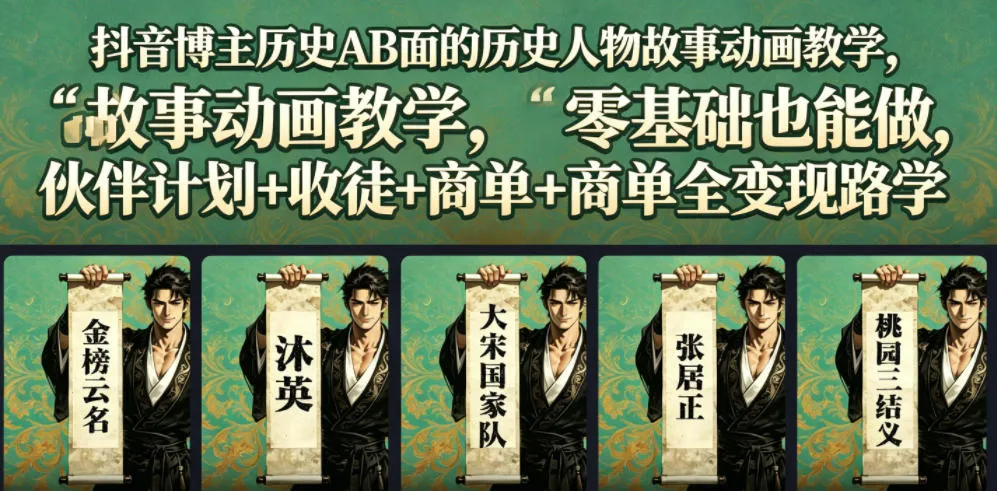 抖音博主历史AB面的历史人物故事动画教学，零基础也能做，伙伴计划+收徒+商单全变现路径教学-续财库