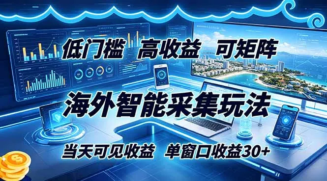 海外智能采集玩法，低门槛高单价可矩阵，当天可见收益，单窗口30+-续财库