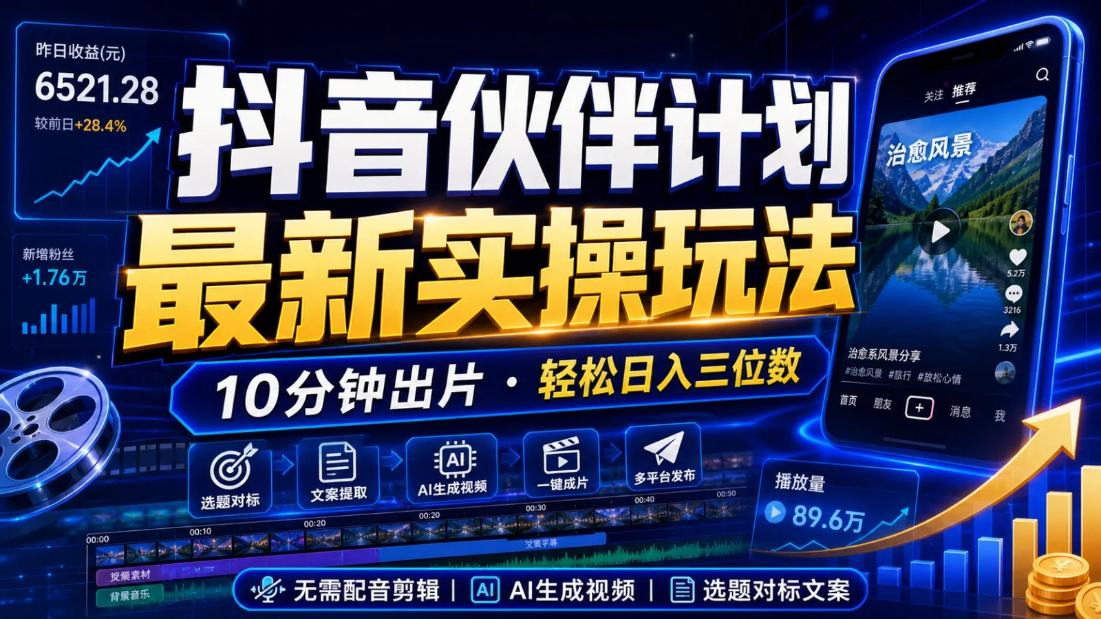 抖音伙伴计划最新暴利玩法,不用找素材和剪辑,10分钟出一条原创视频,轻松日入三位数-续财库