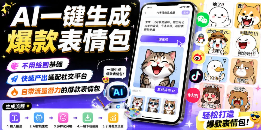 AI一键生成爆款表情包，不用绘画基础，快速产出适配社交平台，自带流量潜力的爆款表情包-续财库