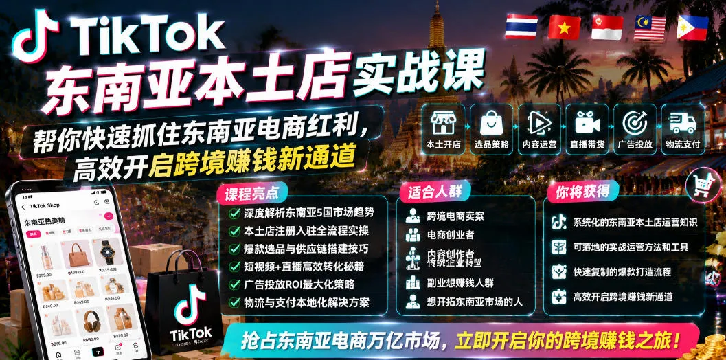 TikTok东南亚本土店实战课，帮你快速抓住东南亚电商红利，高效开启跨境賺钱新通道-续财库