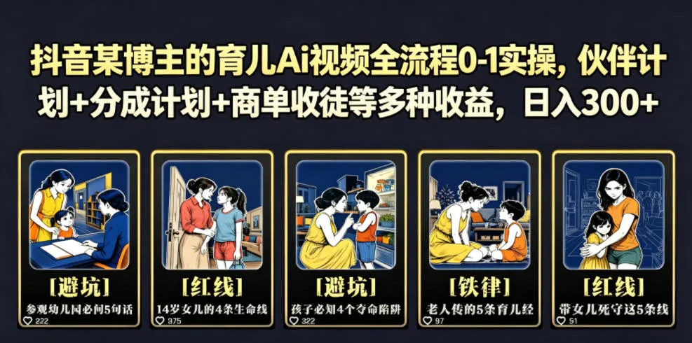 抖音某博主的育儿Ai视频全流程0-1实操，伙伴计划+分成计划+商单收徒等多种收益，日入300+-续财库