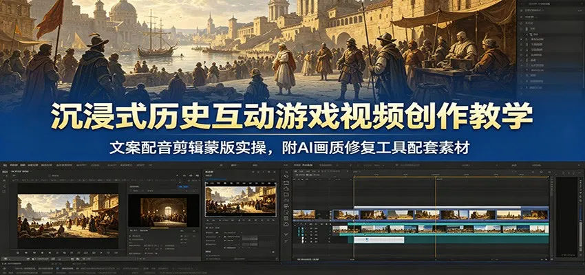 沉浸式历史互动游戏视频创作教学：文案配音剪辑蒙版实操，附AI画质修复工具配套素材-续财库