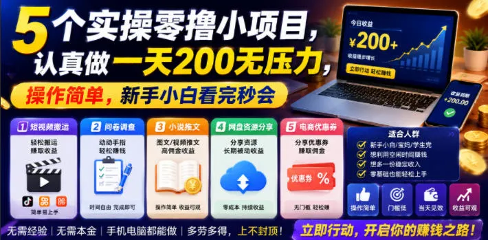 5个实操零撸小项目，认真做一天200无压力，操作简单，新手小白看完秒会【揭秘】-续财库