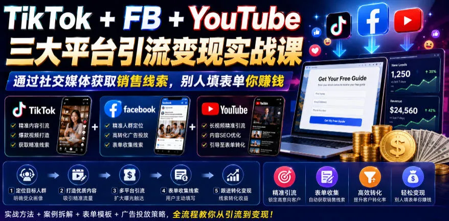 TikTok+FB+YouTube三大平台引流变现实战课，通过社交媒体获取销售线索，别人填表单你賺钱【原创双语字幕】-续财库