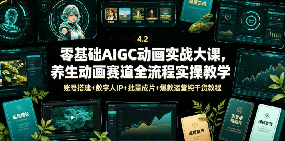 零基础AIGC动画实战大课，养生动画赛道全流程实操教学，账号搭建+数字人IP+批量成片+爆款运营纯干货教程-续财库