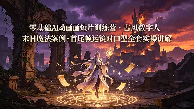 零基础AI动画短片训练营，古风数字人末日魔法案例，首尾帧运镜对口型全套实操讲解-续财库