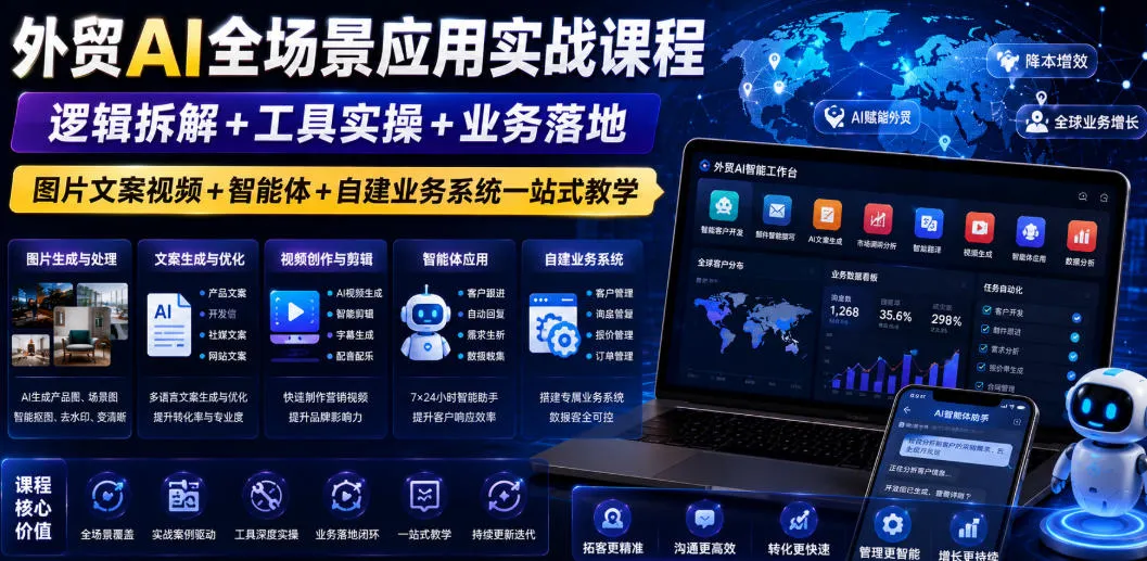 外贸AI全场景应用实战课程|逻辑拆解+工具实操+业务落地,图片文案视频+智能体+自建业务系统一站式教学-续财库