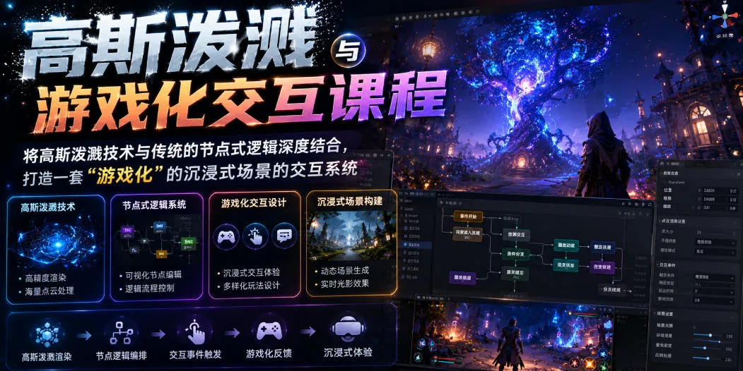 高斯泼溅与游戏化交互课程,将高斯泼溅技术与传统的节点式逻辑深度结合,打造一套“游戏化”的沉浸式场景的交互系统-续财库