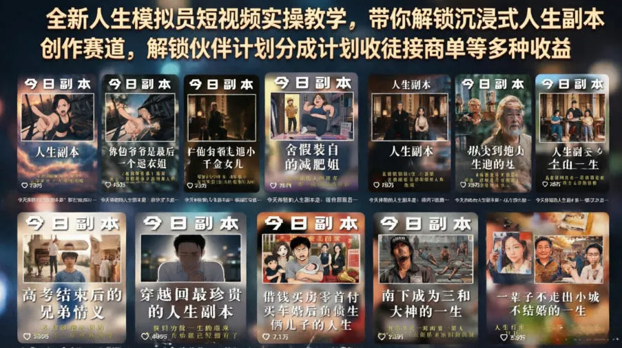 全新人生模拟员短视频实操教学，带你解锁沉浸式人生副本创作赛道，解锁伙伴计划分成计划收徒接商单等多种收益-续财库