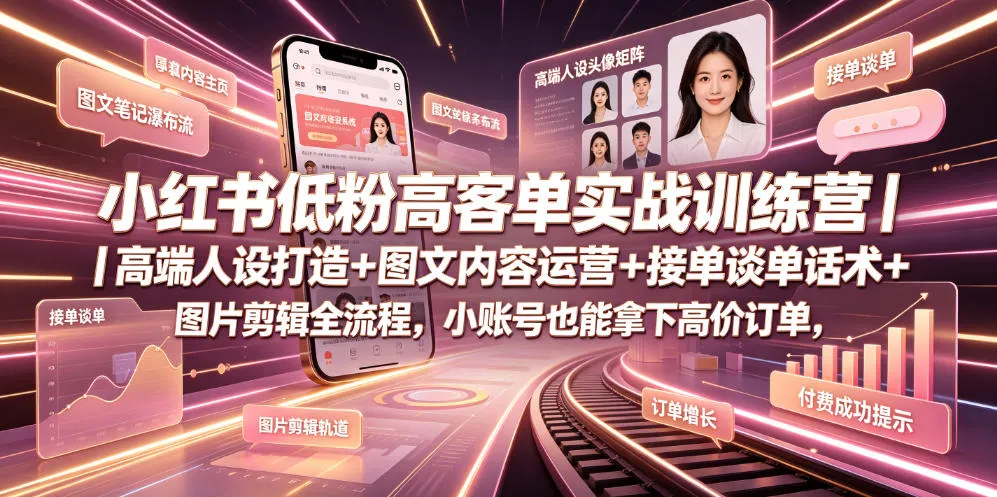 小红书低粉高客单实战训练营|高端人设打造+图文内容运营+接单谈单话术+图片剪辑全流程,小账号也能拿下高价订单-续财库