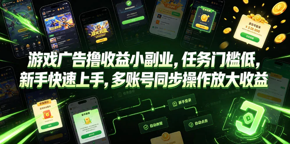 游戏广告撸收益小副业,任务门槛低,新手快速上手,多账号同步操作放大收益-续财库