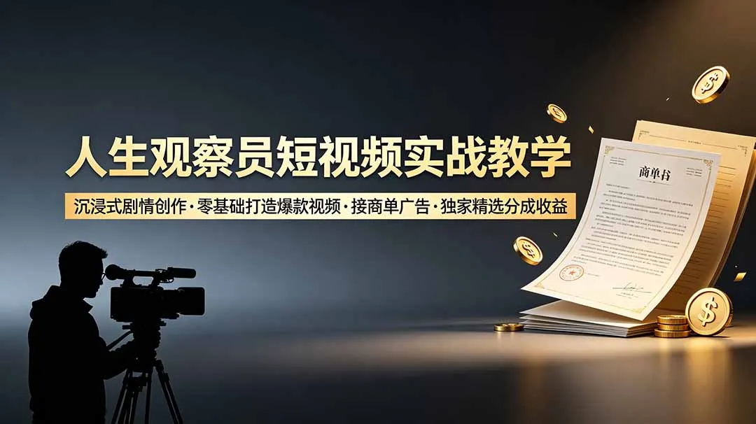 人生观察员短视频实战教学，沉浸式剧情创作，零基础打造爆款视频，接商单广告，独家精选分成收益-续财库
