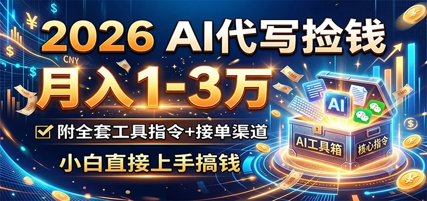 2026 AI代写捡钱，月入1-3万，附全套工具指令+接单渠道，小白直接上手搞钱-续财库