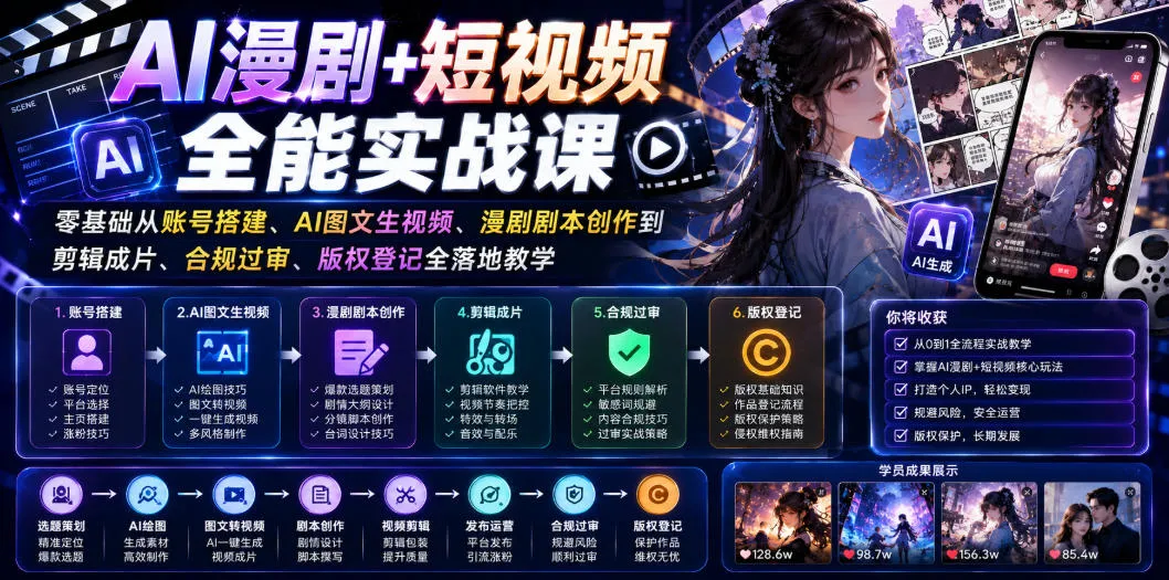 AI漫剧+短视频全能实战课｜零基础从账号搭建、AI图文生视频、漫剧剧本创作到剪辑成片、合规过审、版权登记全落地教学-续财库