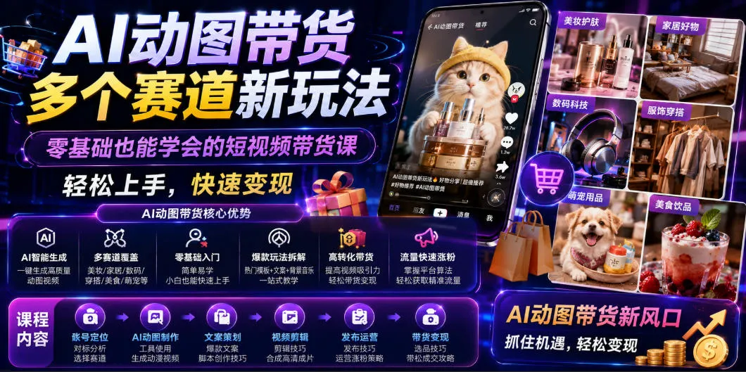 AI动图带货多个赛道新玩法，零基础也能学会的短视频带货课，轻松上手，快速变现-续财库