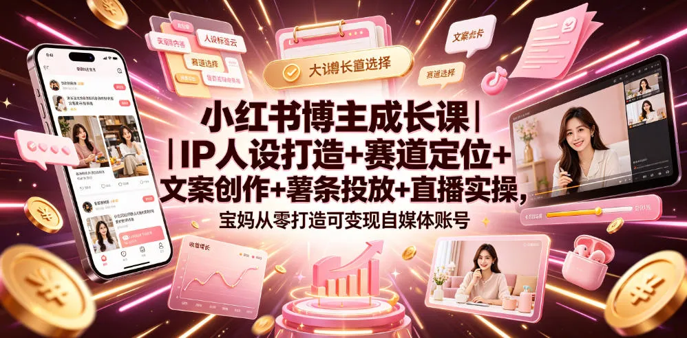 小红书博主成长课｜IP人设打造+赛道定位+文案创作+薯条投放+直播实操，宝妈从零打造可变现自媒体账号-续财库