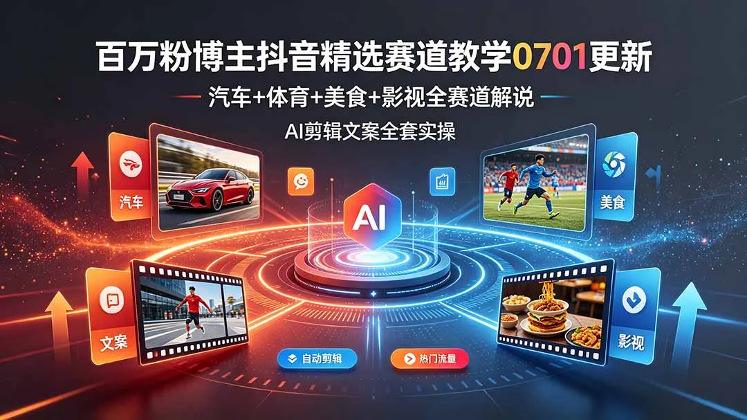 百万粉博主抖音精选赛道教学-0701更新,汽车+体育+美食+影视全赛道解说,AI剪辑文案全套实操-续财库
