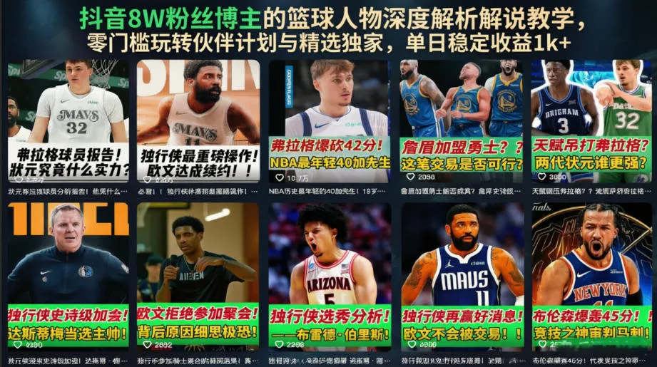 抖音8W粉丝博主的篮球人物深度解析解说教学,零门槛玩转伙伴计划与精选独家,单日稳定收益1k+-续财库