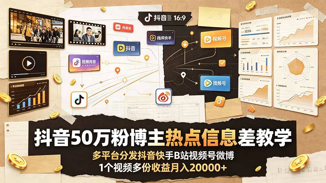 抖音50万粉博主热点信息差教学：多平台分发抖音快手B站视频号微博，1个视频多份收益月入20000+-续财库