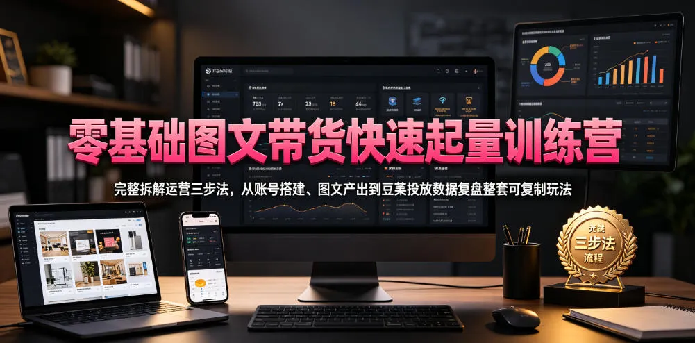 零基础图文带货快速起量训练营，完整拆解运营三步法，从账号搭建、图文产出到豆荚投放数据复盘整套可复制玩法-续财库