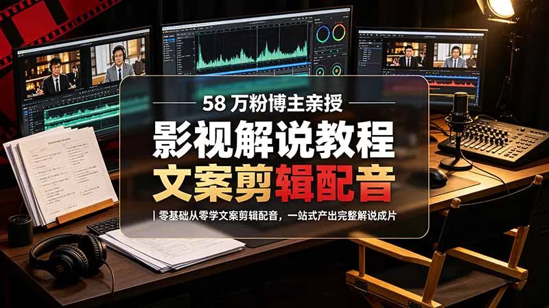 58 万粉博主荧幕春秋亲授影视解说教程｜零基础从零学文案剪辑配音，一站式产出完整解说成片-续财库