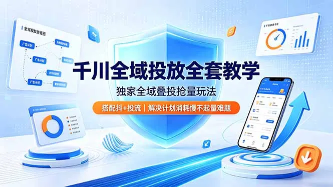 千川全域投放全套教学，独家全域叠投抢量玩法，搭配抖+投流，解决计划消耗慢不起量难题-续财库