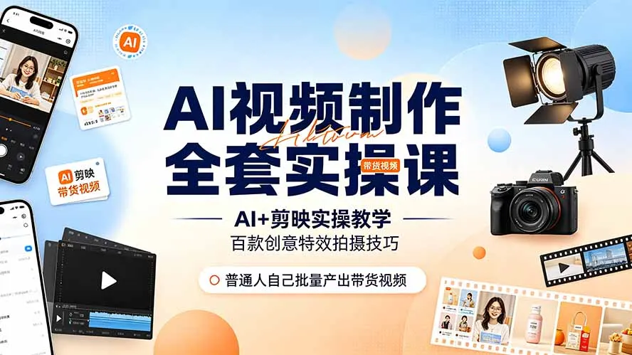 AI视频制作全套实操课，多款AI工具搭配剪映教学，百种特效运镜拍摄实操，抖音账号带货运营全覆盖-续财库