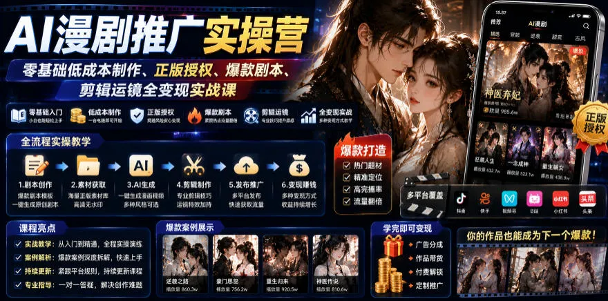 AI漫剧推广实操营｜零基础低成本制作、正版授权、爆款剧本、剪辑运镜全变现实战课-续财库