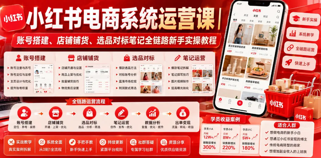 小红书电商系统运营课｜账号搭建、店铺铺货、选品对标笔记全链路新手实操教程-续财库