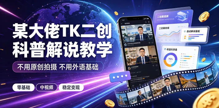某大佬TK二创科普解说教学，不用原创拍摄不用外语基础，零基础做TikTok中视频稳定变现-续财库