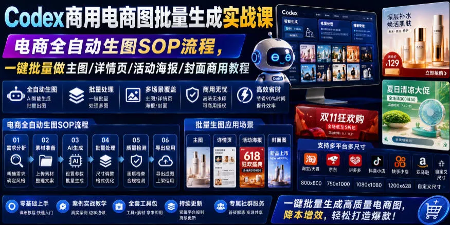 Codex商用电商图批量生成实战课|电商全自动生图SOP流程,一键批量做主图/详情页/活动海报/封面商用教程-续财库