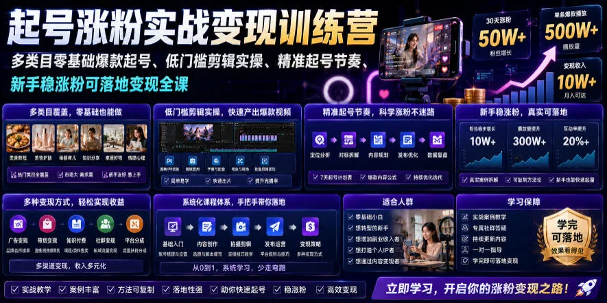 苗子起号涨粉实战变现训练营，多类目零基础爆款起号、精准起号节奏、新手稳涨粉可落地变现全课-续财库