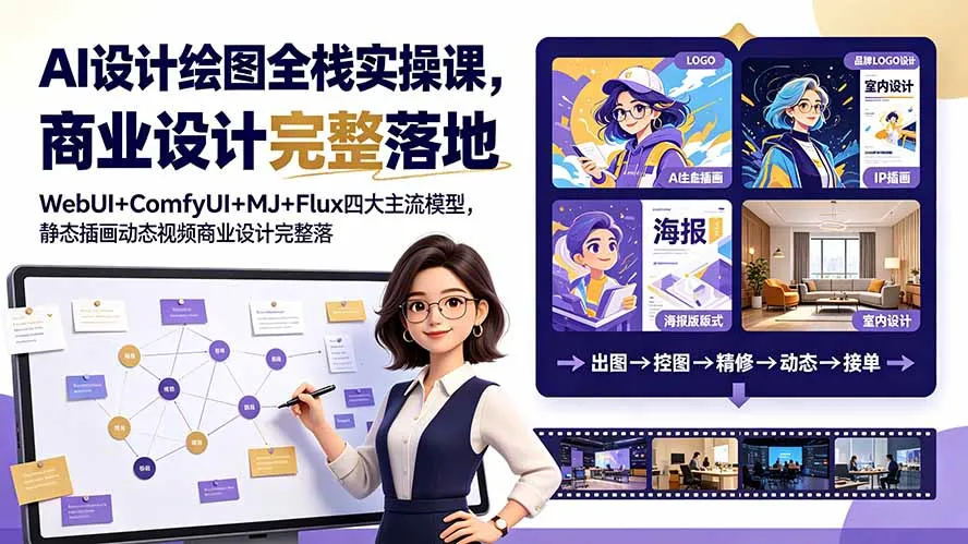 AI设计绘图全栈实操课，WebUI+ComfyUI+MJ+Flux四大主流模型，静态插画动态视频商业设计完整落地教程-续财库