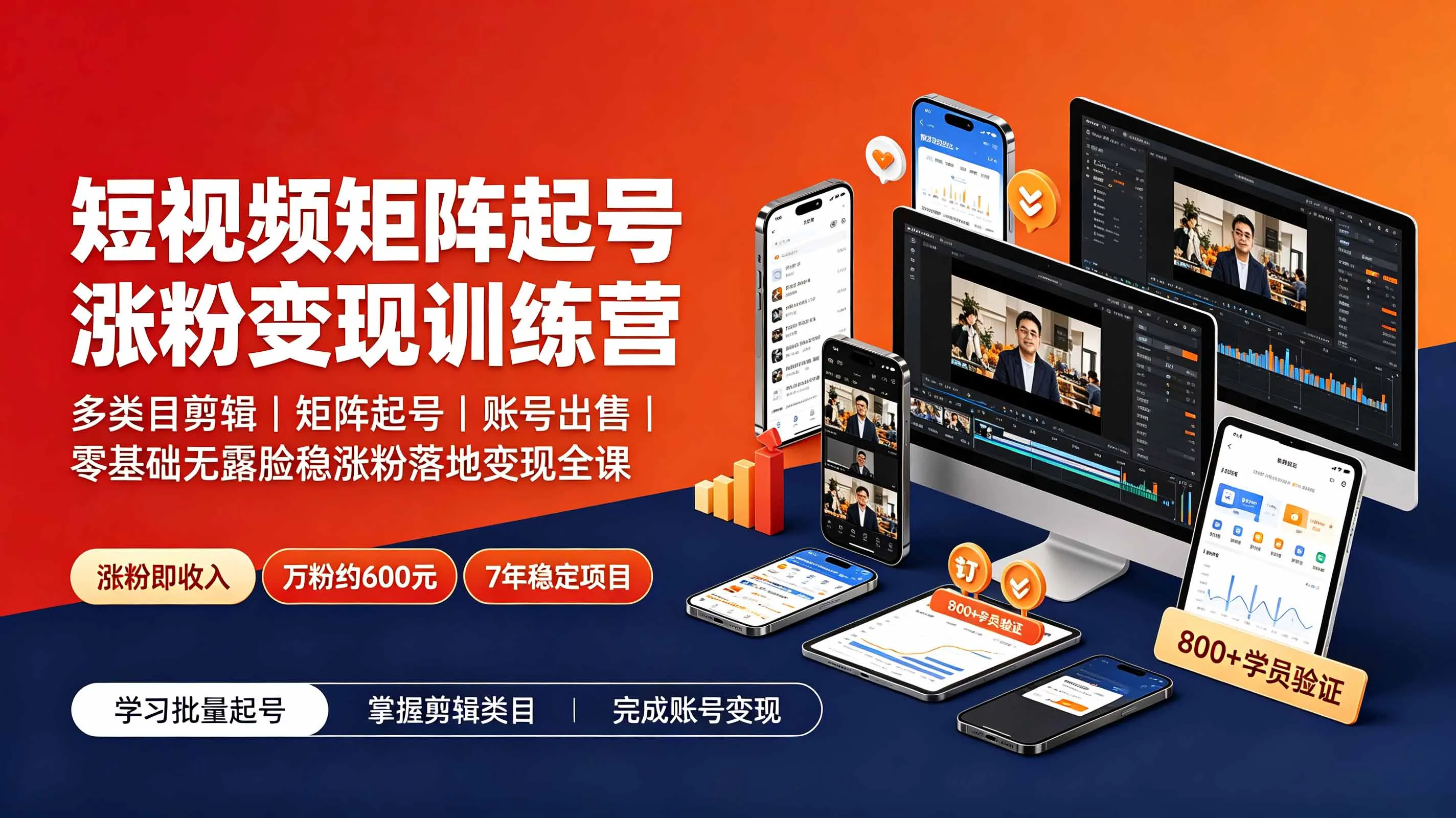 短视频矩阵起号涨粉变现训练营｜多类目剪辑·矩阵起号·账号出售，零基础无露脸稳涨粉落地变现全课-续财库
