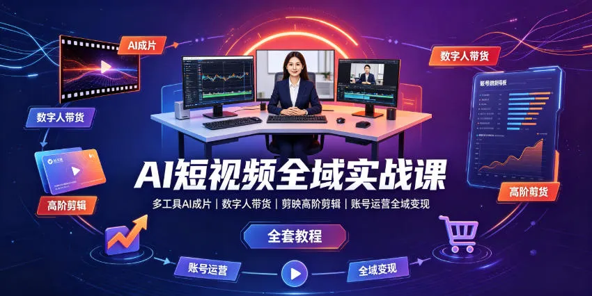 AI短视频全域实战课｜多工具AI成片、数字人带货、剪映高阶剪辑、账号运营全域变现全套教程-续财库